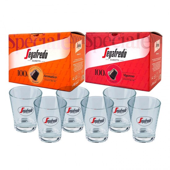 Segafredo Zanetti 200 Nespresso συμβατές κάψουλες καφέ και 6 γυάλινα φλιτζάνια